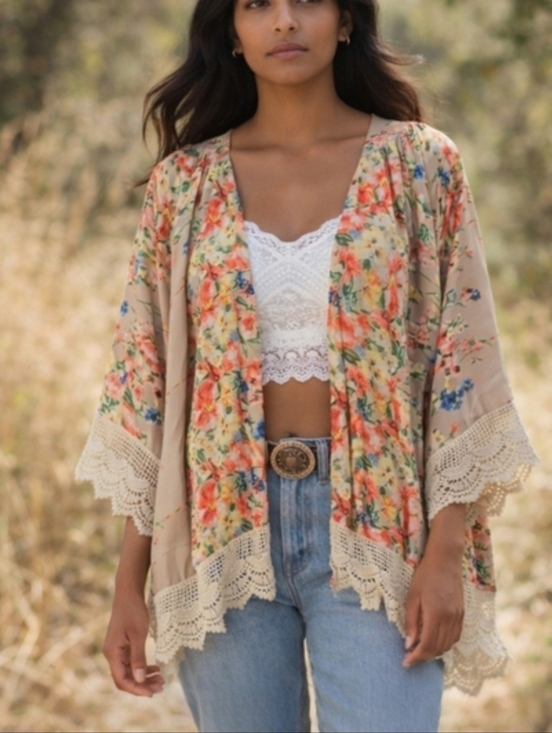 Umgee Other - Umgee Floral Print Lace Trim Kimono – M/L